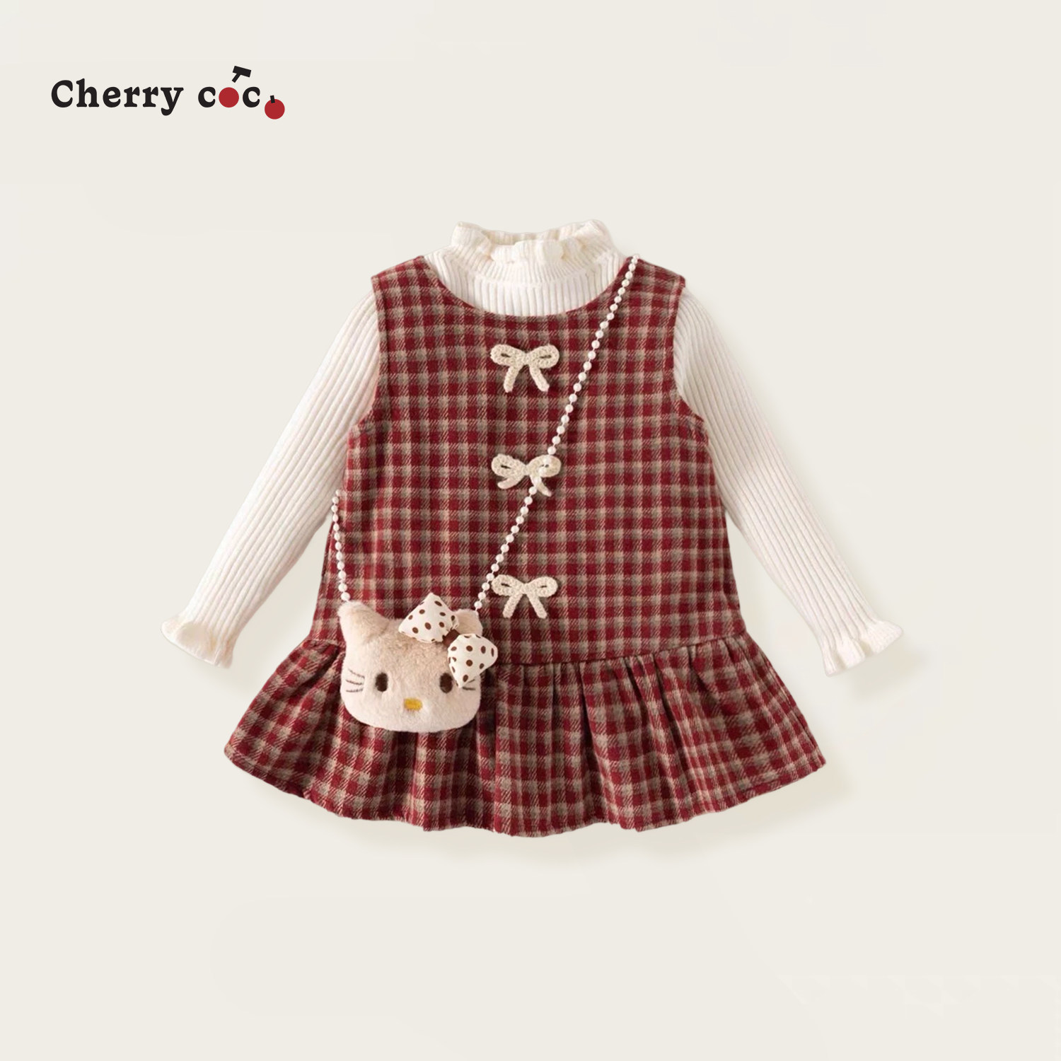 Cherrycoco女童套装秋冬新款女宝宝洋气格子背心裙针织衫三件套
