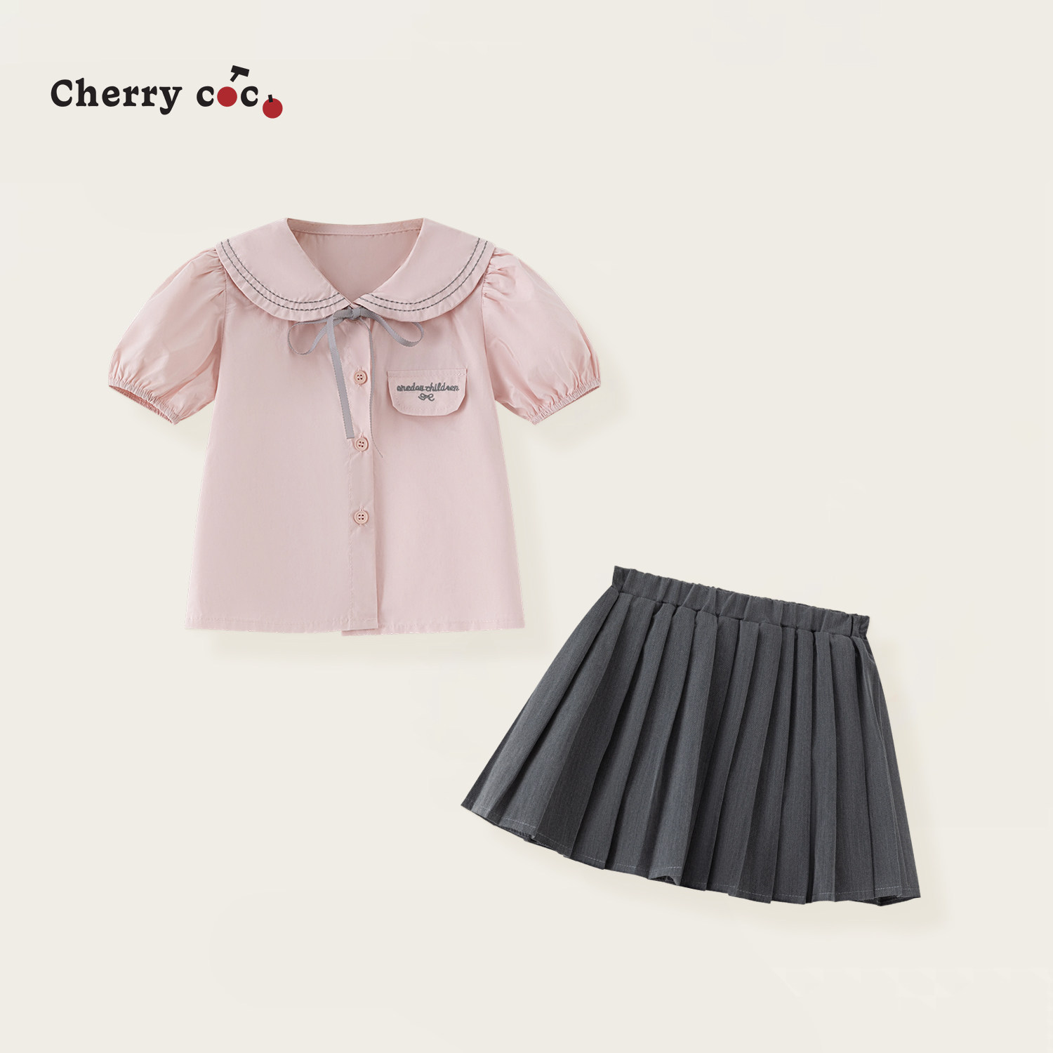 CHERRYCOCO女童套装夏季新款女宝宝洋气学院风衬衣百褶裙二件套