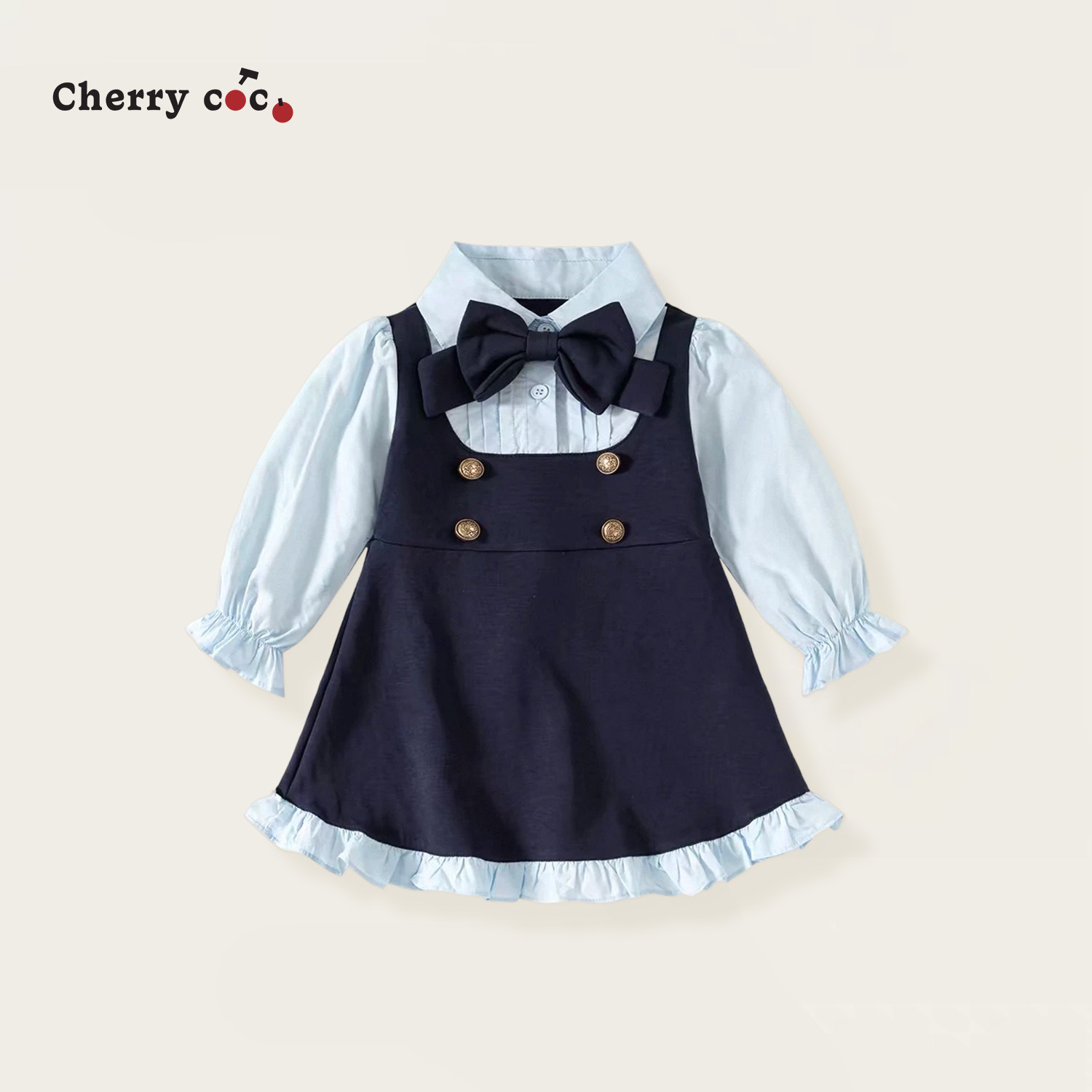 Cherrycoco女童连衣裙秋冬新款女宝宝学院风撞色拼接连衣裙公主裙