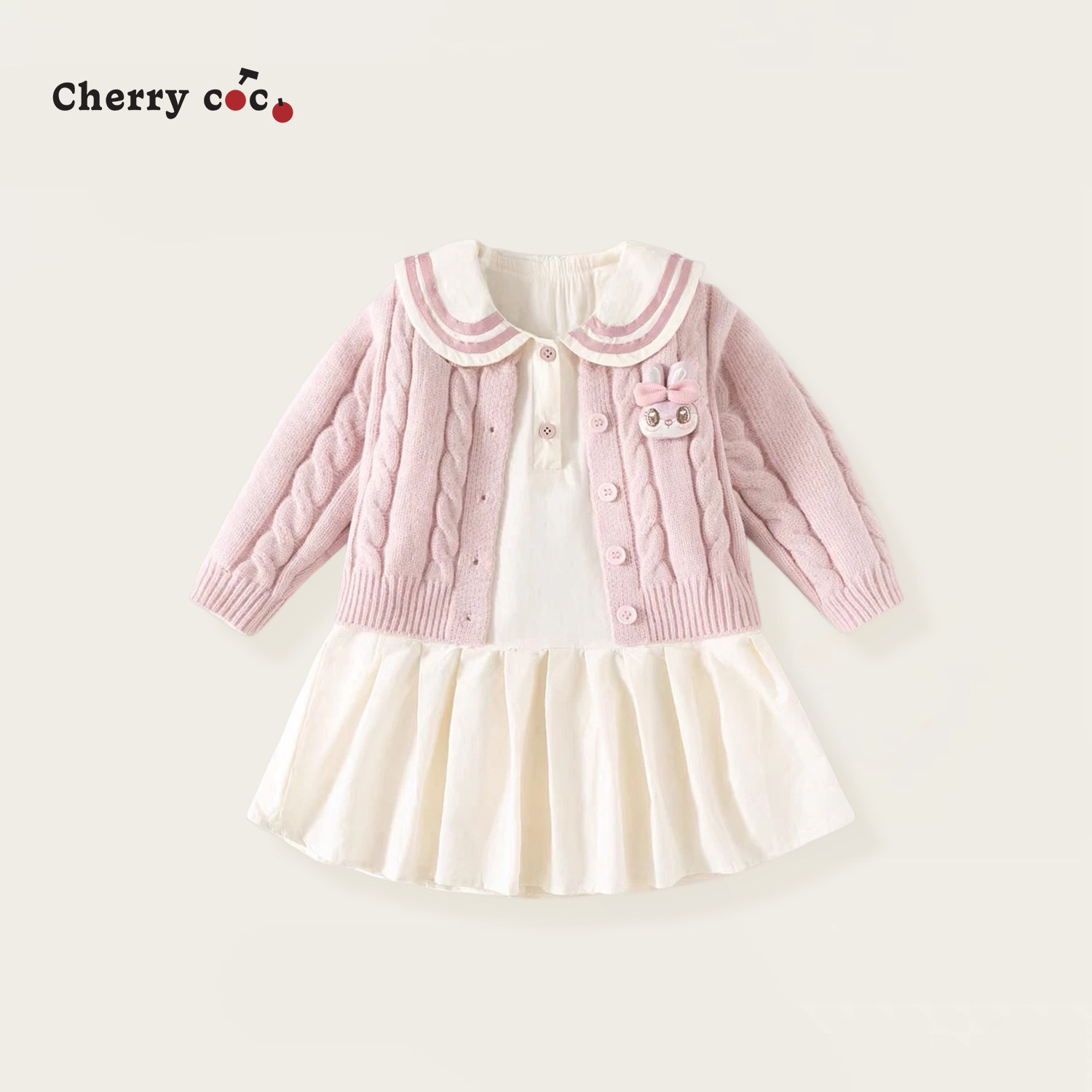 Cherrycoco女童套装秋冬新款女宝宝甜美可爱针织外套衬衣裙二件套