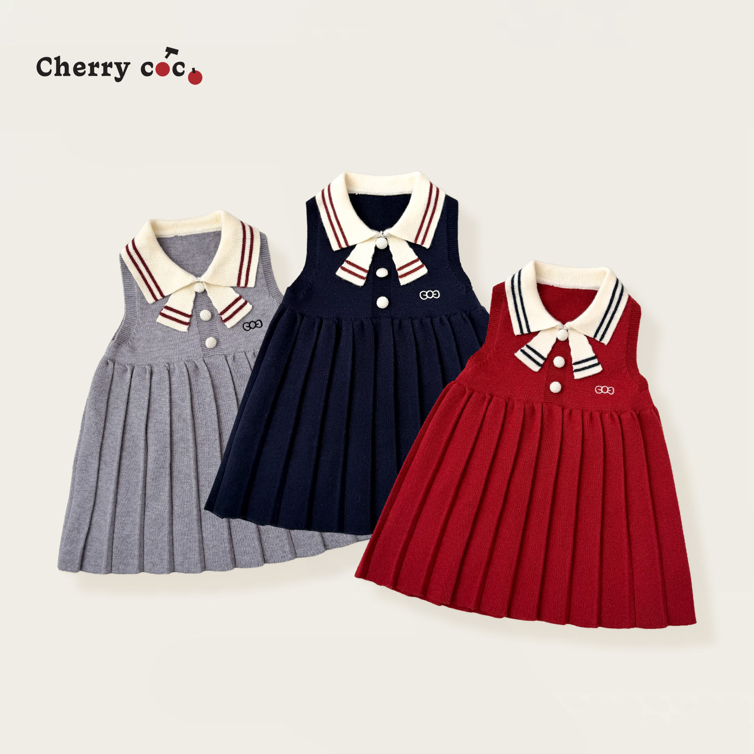 Cherrycoco女童连衣裙秋冬新款女宝宝洋气翻领针织公主毛线百褶裙