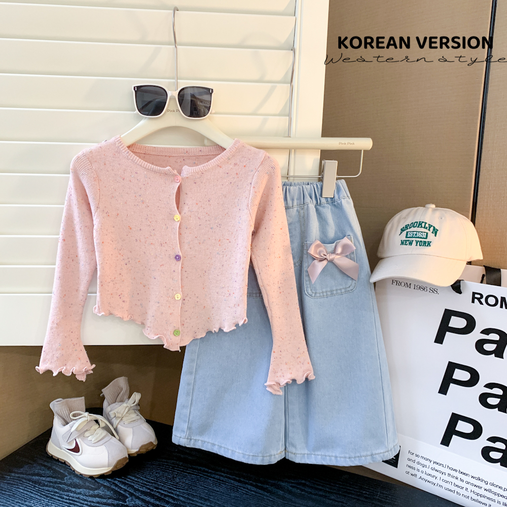 韩国童装2024春季新款女童洋气针织开衫蝴蝶结九分牛仔裤二件套装