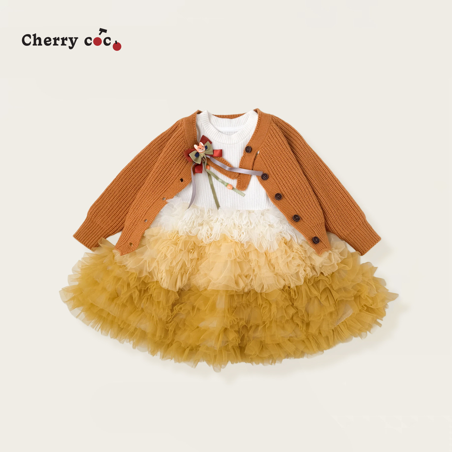 Cherrycoco女童套装秋冬新款女宝宝洋气针织开衫渐变纱裙公主裙