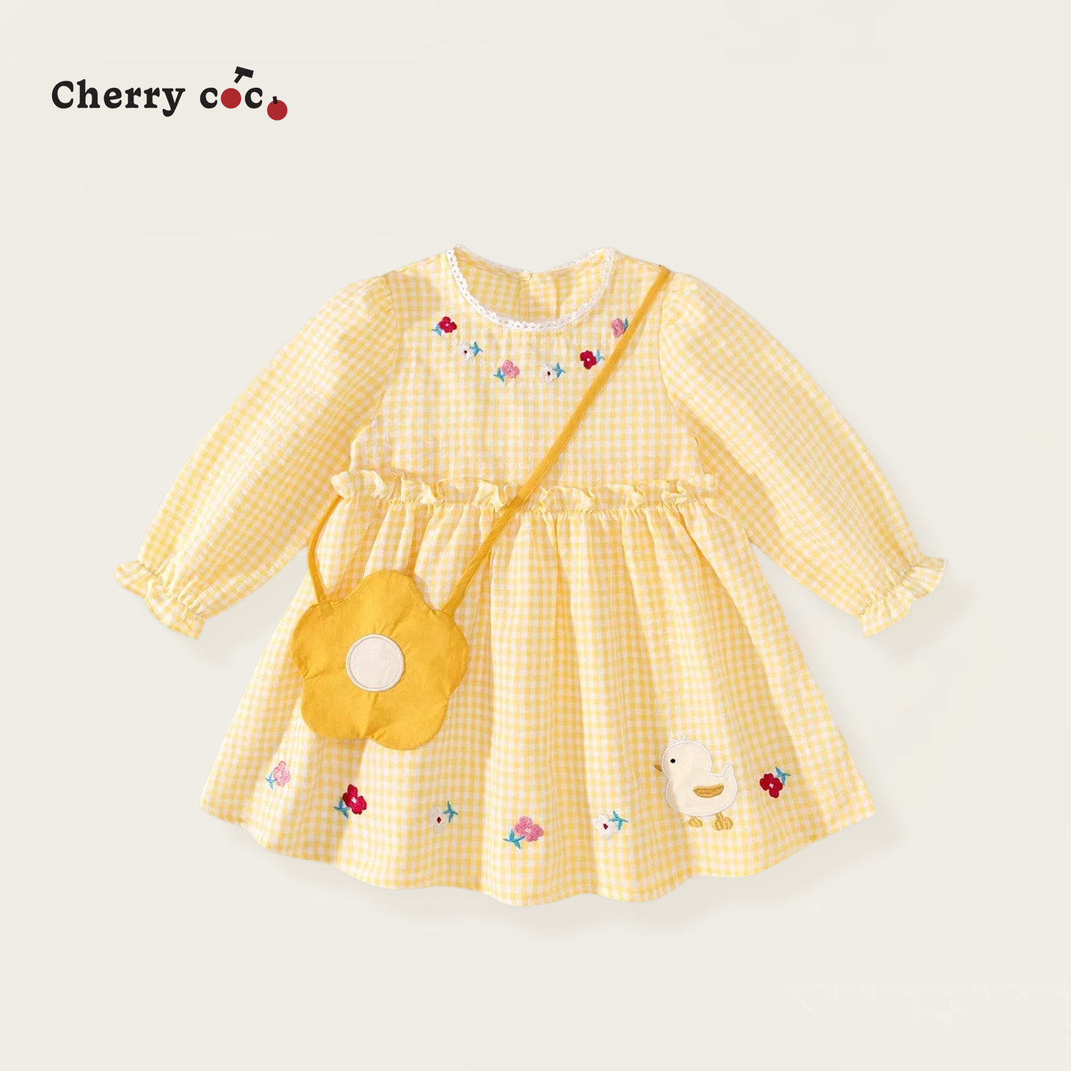 Cherrycoco女童连衣裙春秋季新款女宝宝甜美绣花格子连衣裙娃娃