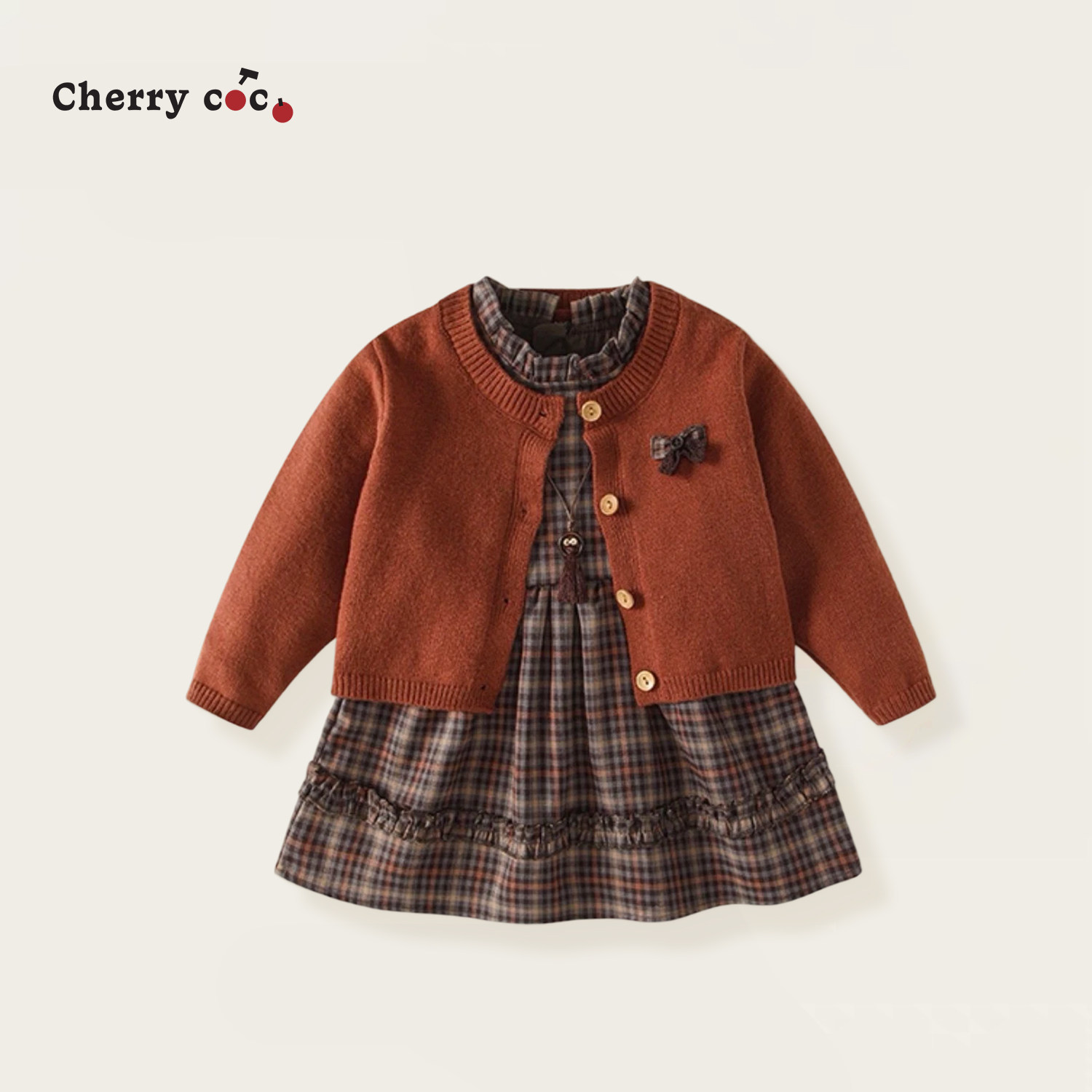 Cherrycoco女童套装秋冬新款女宝宝洋气针织外套格子裙二件套生日