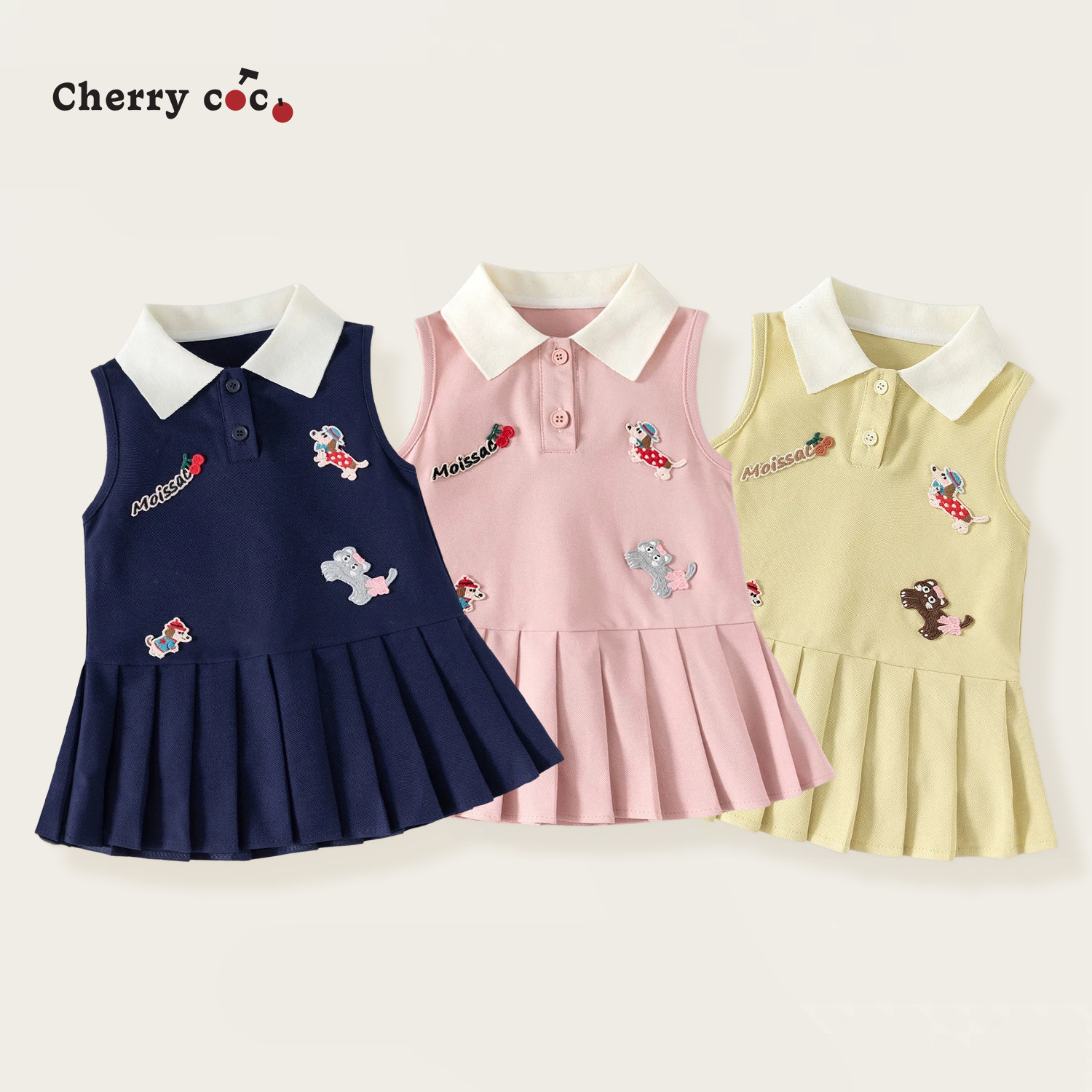 CHERRYCOCO女童连衣裙夏季新款女宝宝撞色翻领卡通POLO背心裙百褶