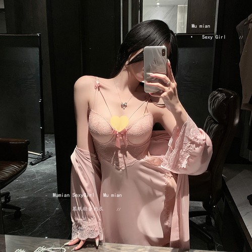 慕眠秋冬性感睡衣大码女款蕾丝吊带睡裙冰丝缎面纯欲风带胸垫钢圈