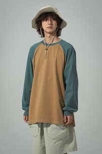 BPCALL 2.0重磅纯棉 复古撞色斜拉链插肩长袖美式复古T恤男女通款