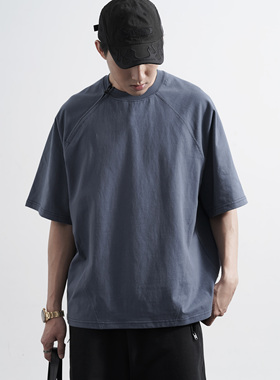 BPCALL骑士拉链成衣染复古纯棉短袖T恤圆领高街插肩半袖男女同款