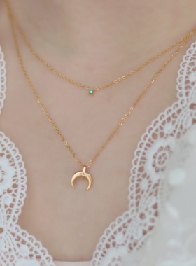 AimeeDesign 欧美绿钻牛角倒月牙双层项链冷淡风锁骨链个性高级感