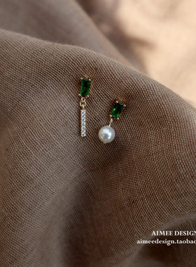 AimeeDesign 点翠 法式精镶祖母绿宝石设计感耳钉日韩气质耳环