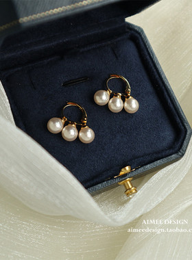AimeeDesign 法式耳环气质复古小众高级。三颗珍珠耳环耳扣