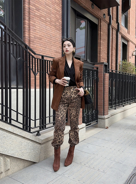 【Wildsiren】秋冬复古直筒豹纹印花休闲牛仔长裤370006