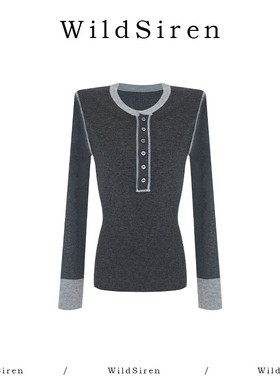 【Wildsiren】秋冬撞色拼接T恤打底衫370153
