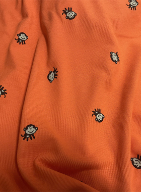 网眼珠地纯棉针织布料橘色猴子印花橙色柔软短袖T恤POLO服装面料