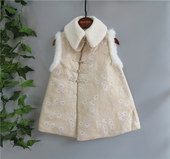 33冬款 22女童汉服旗袍刺绣马甲裙高端夹棉风背心裙狐狸毛条拜年服