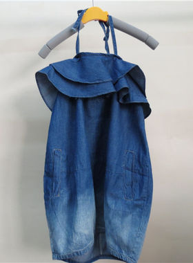 宝儿夏款童装吊染牛仔连衣裙女童荷叶边跨脖连衣裙13802
