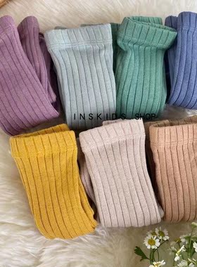 ins爆款2024秋冬新款宝宝有机棉欧长筒袜子女童糖果色坑条打底袜