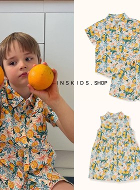ins爆款23ssGA男女儿童金桔衬衫短裤宝宝印花度假风连衣裙兄妹装