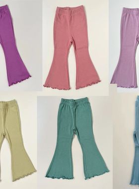 ins童装pippi百搭女童高品质平纹喇叭裤绿色喇叭裤宝宝夏季长裤