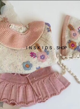 ins爆款21早春款kalinka女宝宝复古洋气刺绣长袖花边毛衣短裙套装