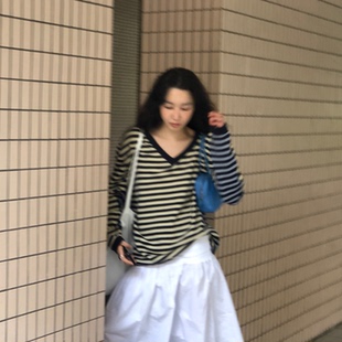 baby春秋简约慵懒风条纹宽松V领针织衫 韩国正品 Maybe 代购 潮 女装