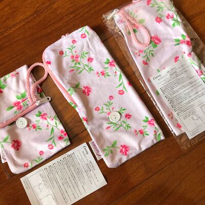 日本Curves丝绒布袋 粉色印花拉链带扣便携袋 森系小物防尘收纳包