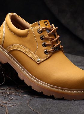 秋冬户外牛皮CAT低帮钢头防护大头鞋防滑工装鞋潮光面男士休闲鞋