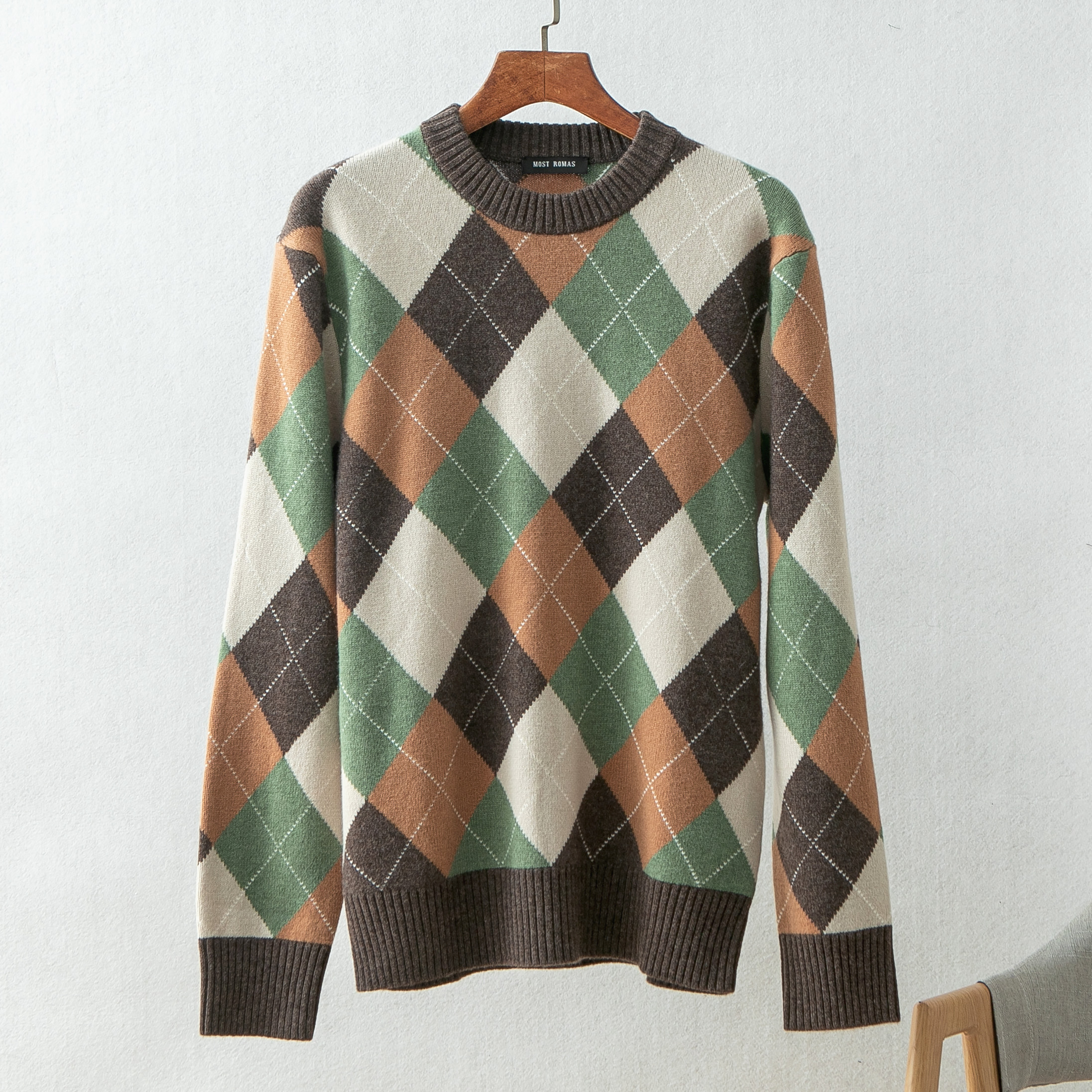 氛围感单品！ 手工挂毛全羊毛 马卡龙多色菱形格针织毛衣男254033