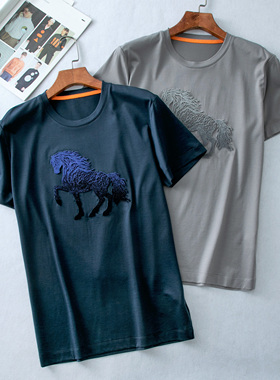 Ven精品男装充满灵感牙刷绣浮雕精灵马70%天丝圆领短袖T恤男52073