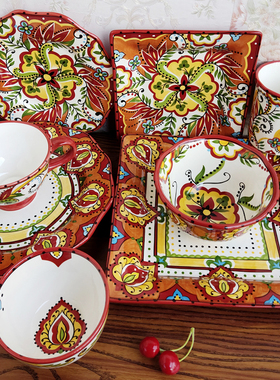 包邮包破损美国经典系列TTU红色手绘陶瓷餐具沙拉碗马克杯西餐盘