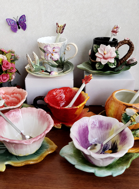 Function art出口优品手绘釉下彩陶瓷咖啡杯碟三件套下午茶杯盘