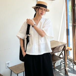 穗伊SYLP  舒适棉质洗水双纽扣V领衬衫宽松简洁大口袋衬衣上衣女