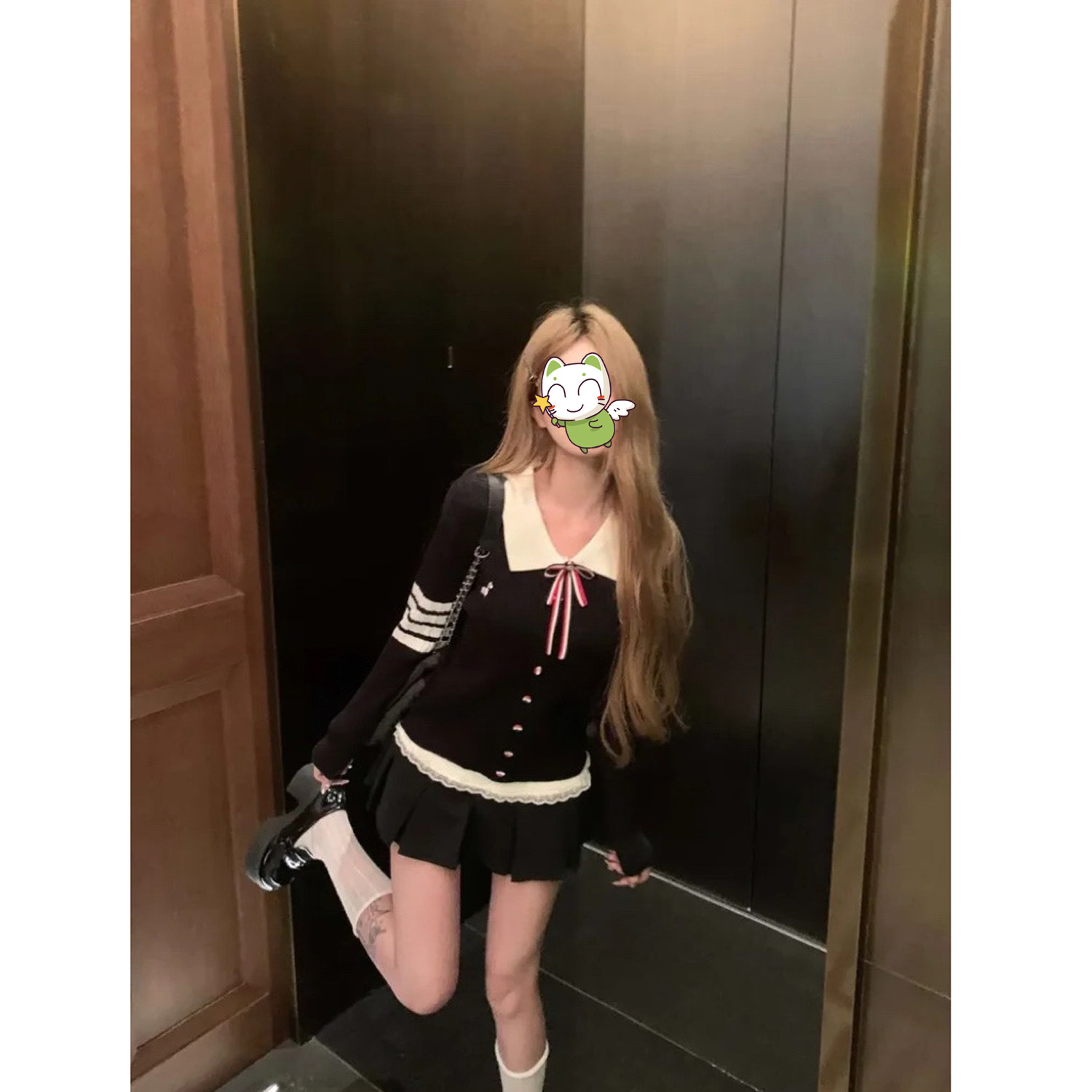 首限尔定!韩系甜妹学院风蝴蝶结polo领针织衫刺绣小狗毛衣打底衫
