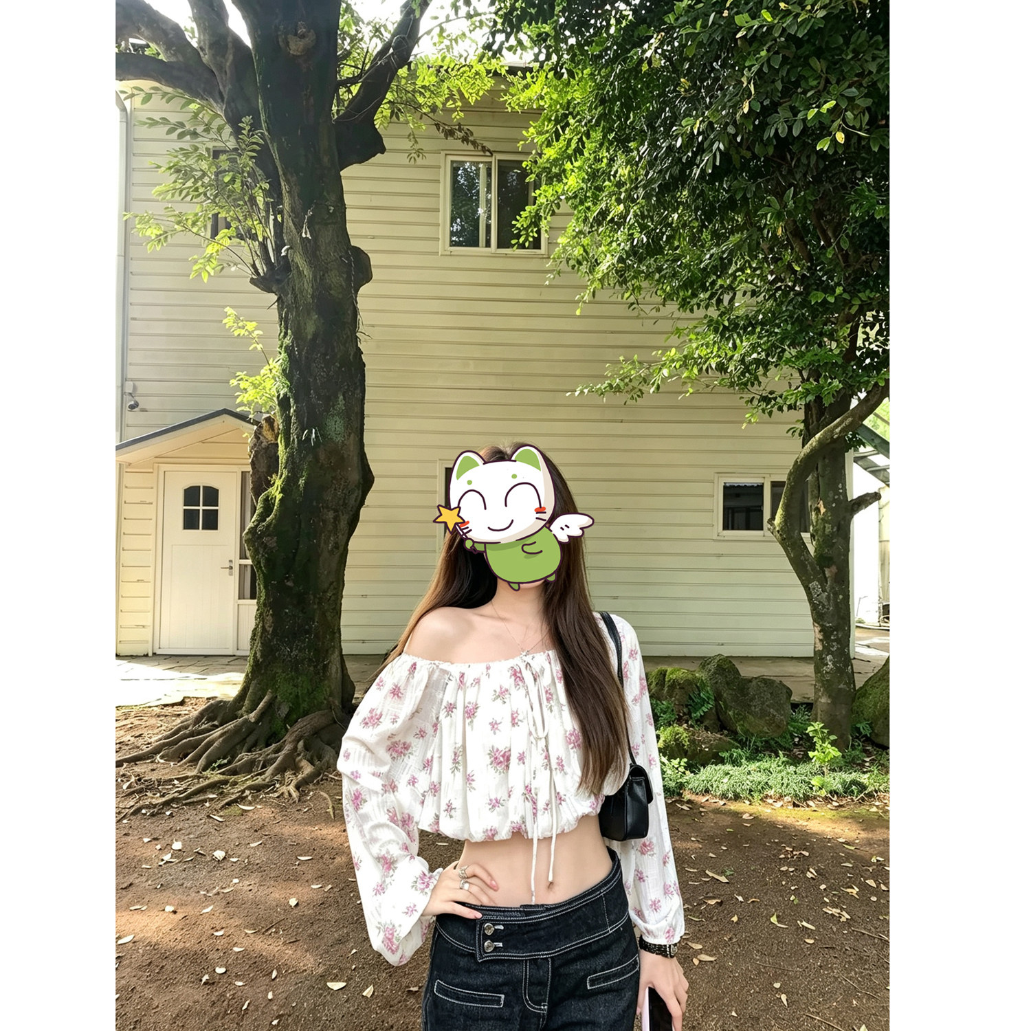 可板栗可Banlikeli'中古碎花'一字肩抽绳碎花显瘦减龄衬衫女夏