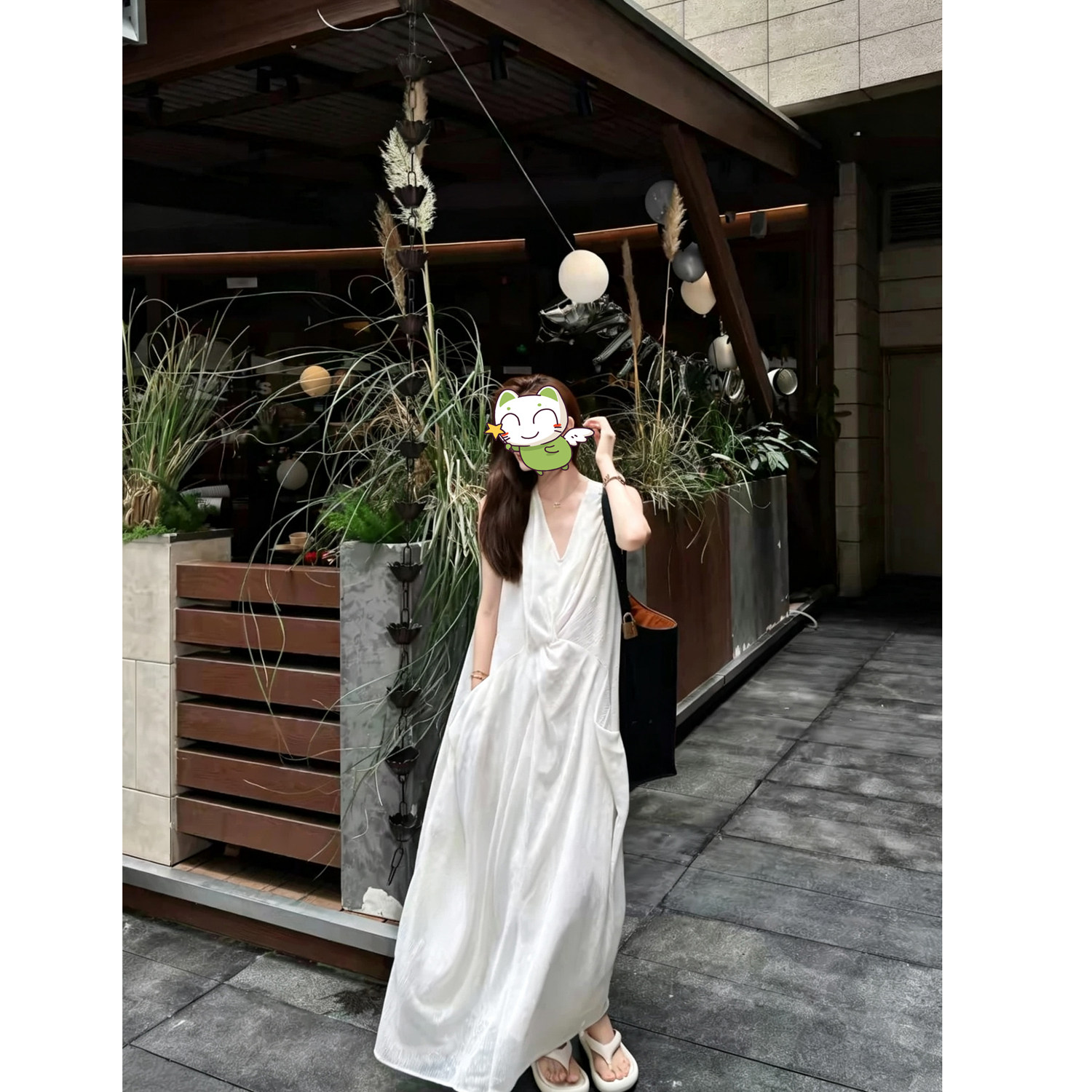幂郭幂 SS 高级感 麻亚V领扭结双层蕾丝无袖连衣裙女夏季