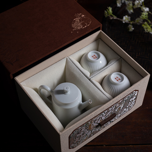 景德镇原创鎏银纯手写手工陶瓷定制一壶两杯送礼伴手礼物礼盒套装
