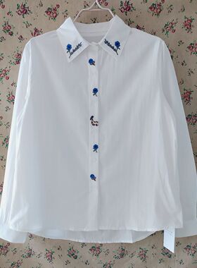 经典纯棉女士宽松刺绣蓝色花长袖衬衫休闲百搭翻领衬衣上衣MAC49