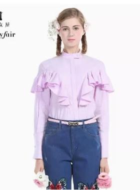 淑女屋专柜正品 荷叶边长袖花园蜻蜓格子衬衫浅紫色短款上衣SSC04