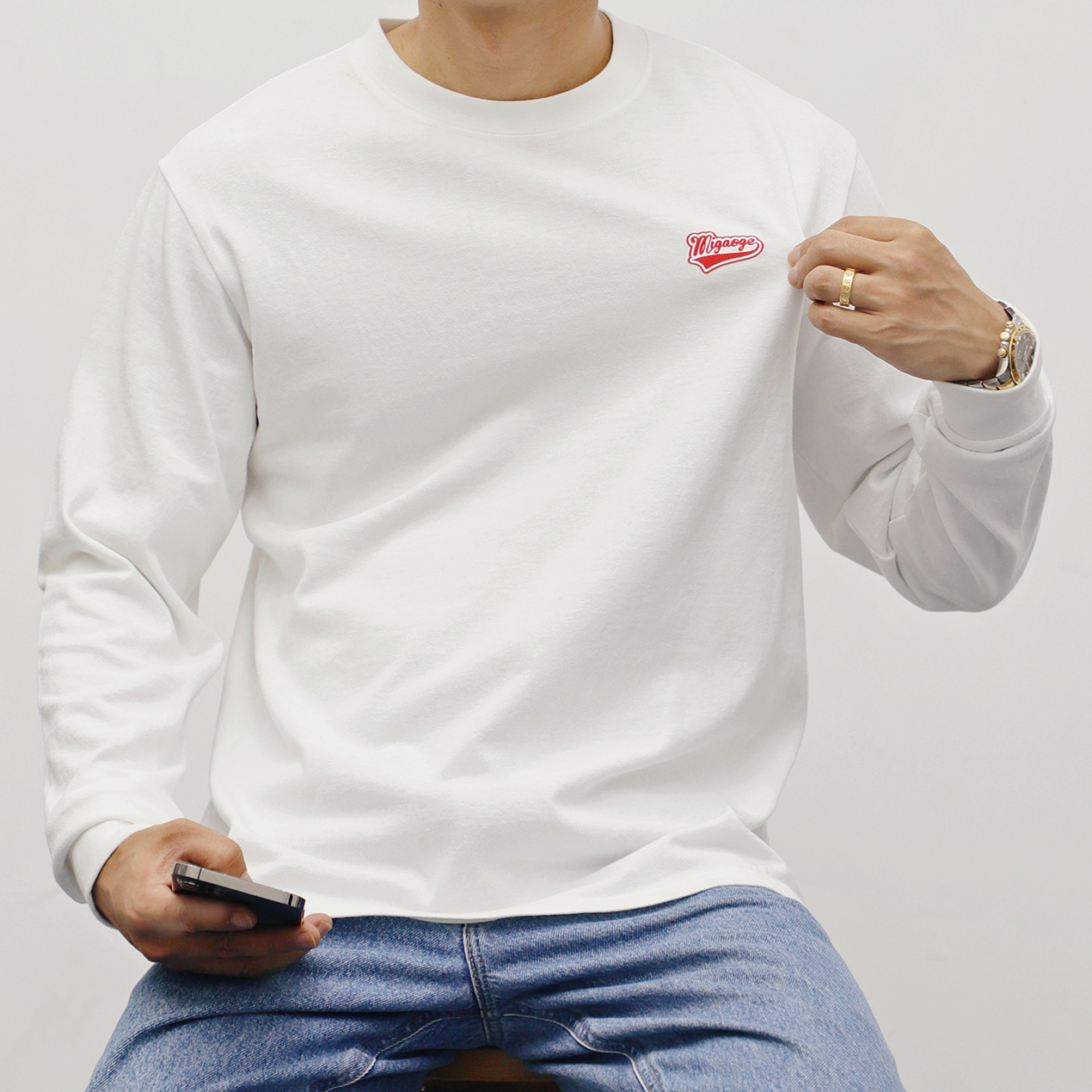 纯色美式重磅粗棉圆领套头情侣装立体发泡印花小领口长袖t恤男