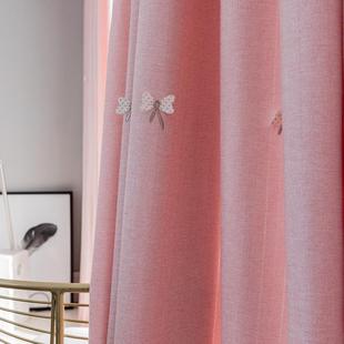 棉麻窗帘粉色人字尼贴布蝴蝶布儿童房窗纱白纱纯色卡通韩式 半遮光