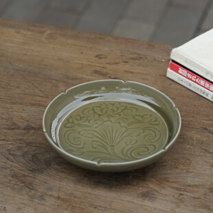 柴烧 葵口刻花壶承  南窑笔记 龙泉青瓷 壶承 茶道具古韵复刻餐盘