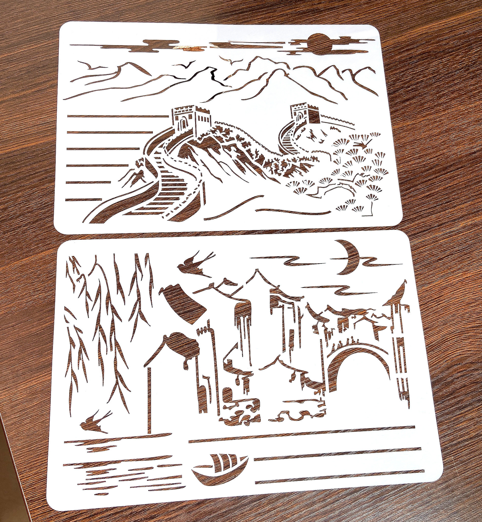 小学生山水手抄报镂空模板a4风景绘画模具一二年级半成品素材小报