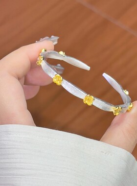 足银999.9描金拉丝梅花开口手镯宫廷国风实心年轻款白月光礼物