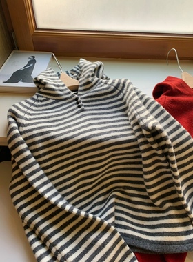 100羊毛连帽经典条纹节日红氛围保暖休闲小宽松韩国慵懒套头毛衣