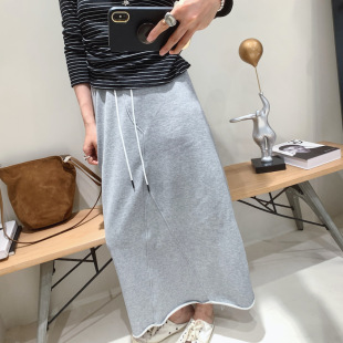 毛圈天然棉松紧腰抽绳后摆开叉韩系半身裙高腰女纯色浅灰黑绿春