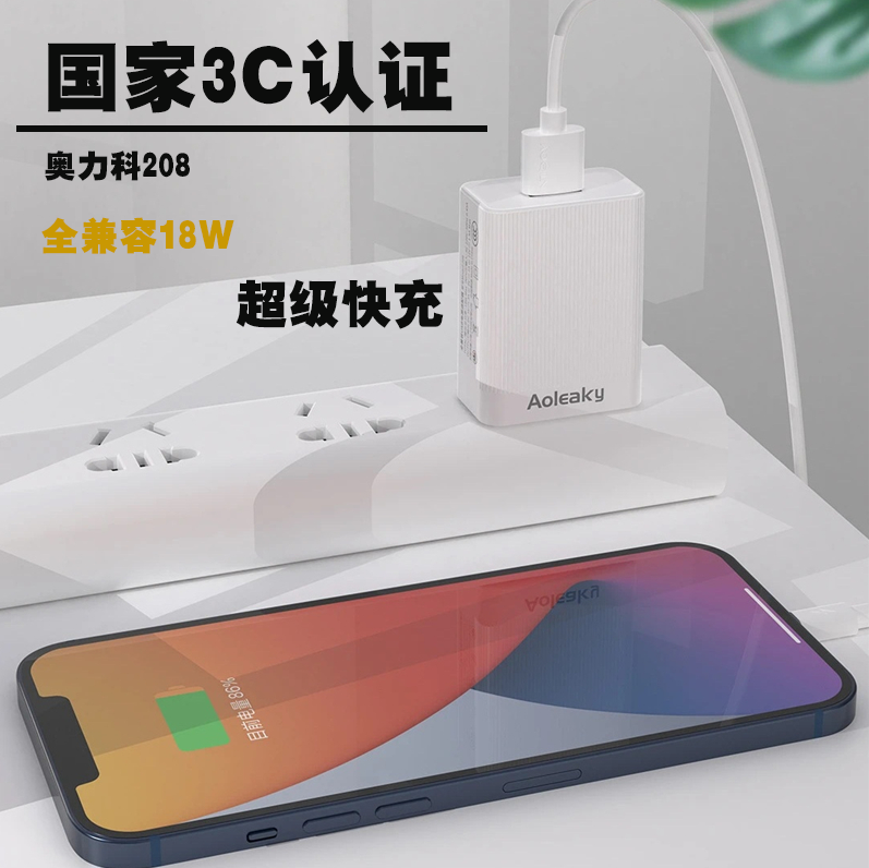 奥力科208充电器智能18w超级快充全兼容闪充 大功率便携 买头送线