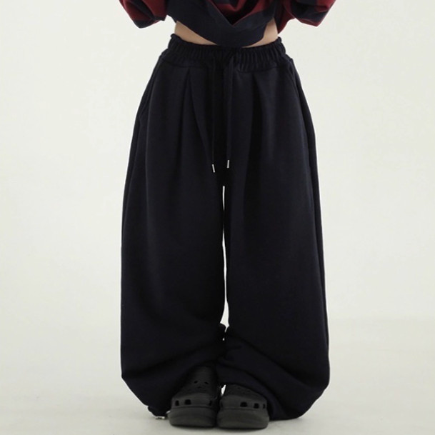 韩国代购25A/W cotton pin tuck wide banding pants抽绳捏褶卫裤