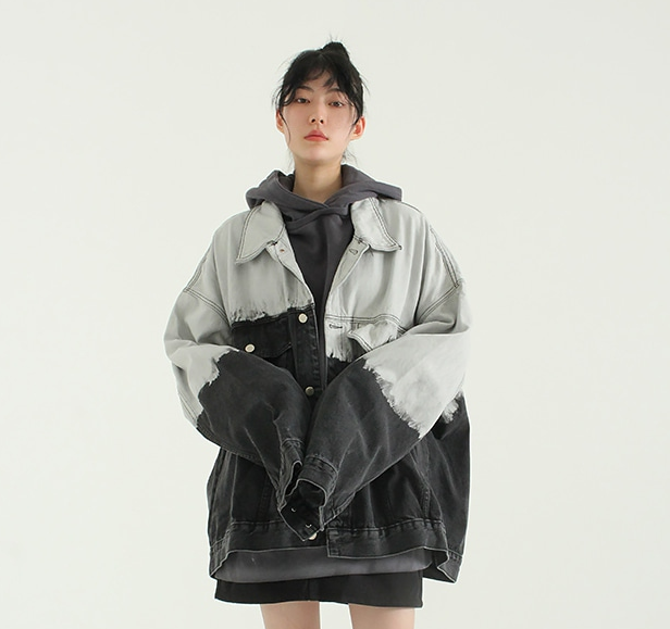 韩国代购20FW GRADIENT BLACK DENIM JACKET半半染色牛仔夹克外套
