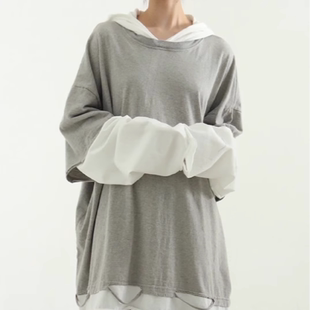 damage layered cotton 韓國代購 連帽假兩件長袖 hoody 24F